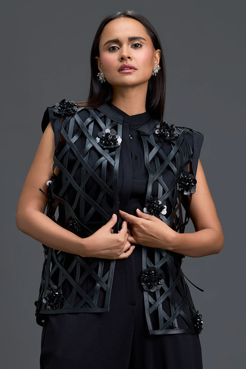 Black Lattice Floral Vest And Tapered Pants Set