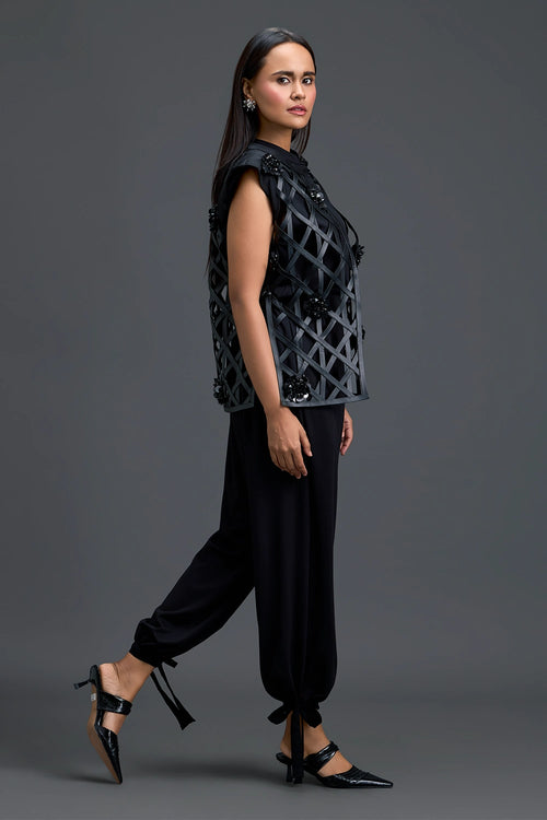 Black Lattice Floral Vest And Tapered Pants Set