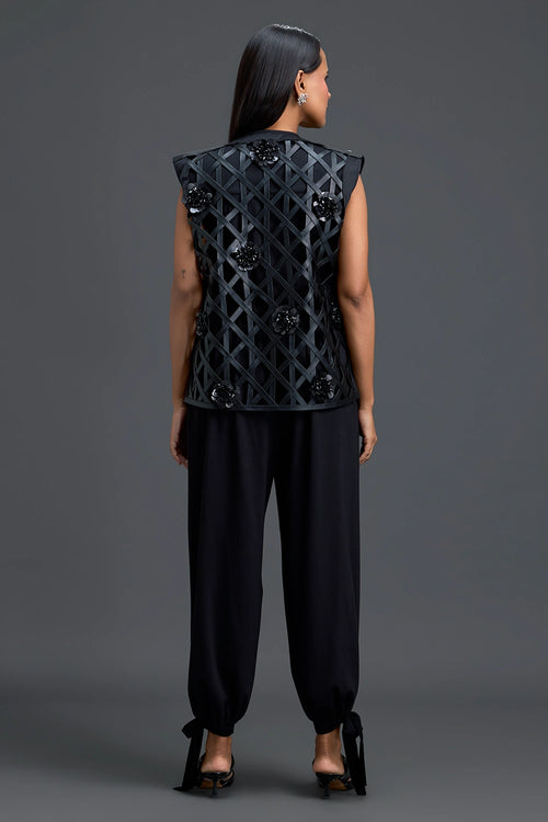 Black Lattice Floral Vest And Tapered Pants Set