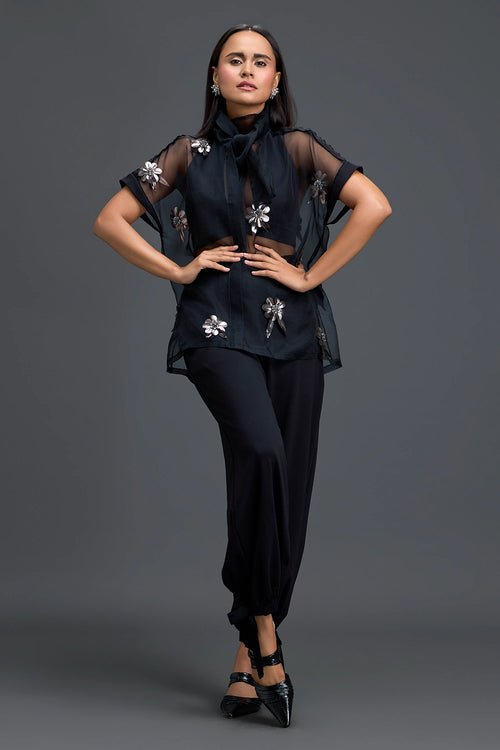 Black Sheer Floral Top and Black Pants Set