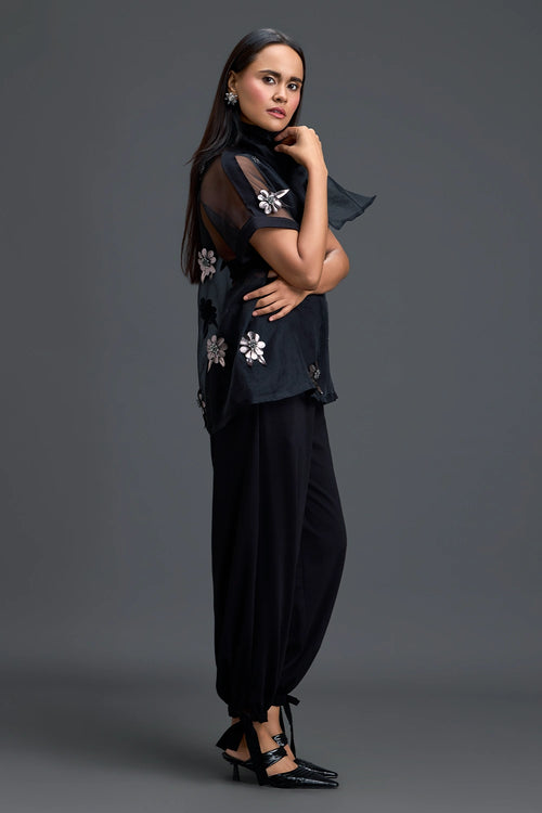 Black Sheer Floral Top and Black Pants Set