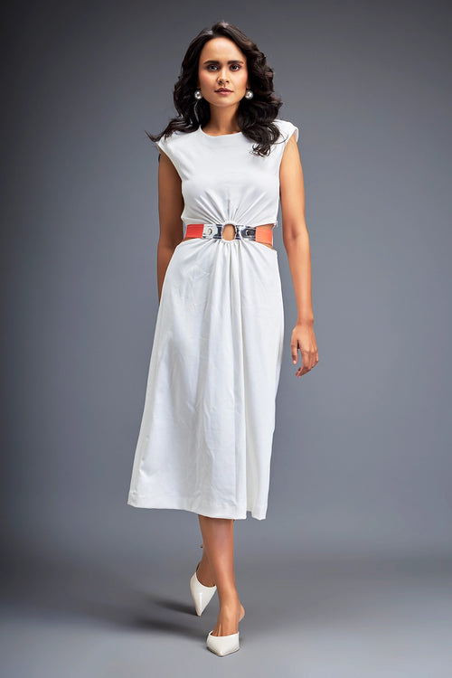 White Gathered Waist Dress With Belt