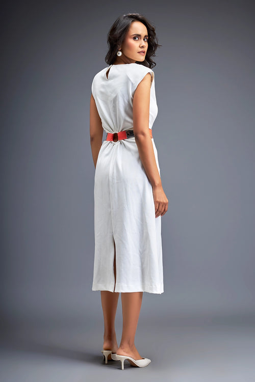 White Gathered Waist Dress With Belt