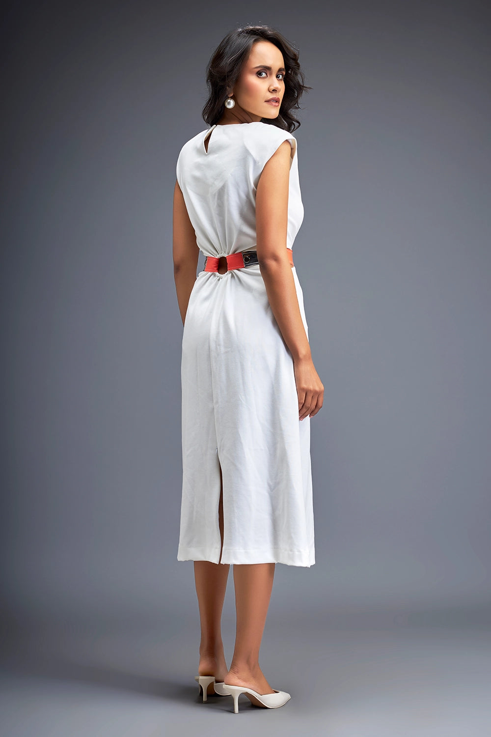 White Gathered Waist Dress With Belt