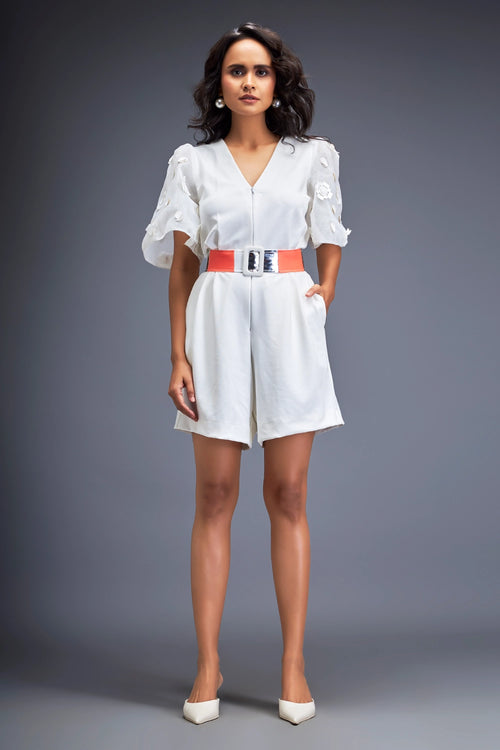 White Playsuit Voluminous Sleeves And Belt