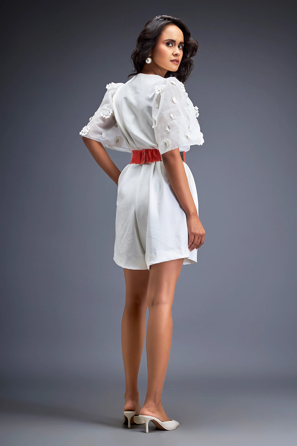 White Playsuit Voluminous Sleeves And Belt