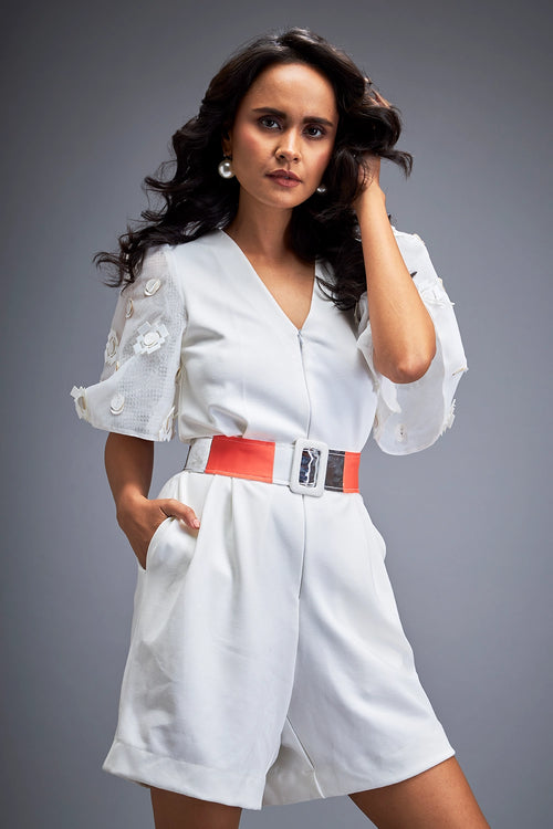 White Playsuit Voluminous Sleeves And Belt