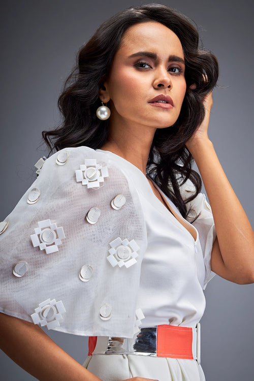 White Playsuit Voluminous Sleeves And Belt