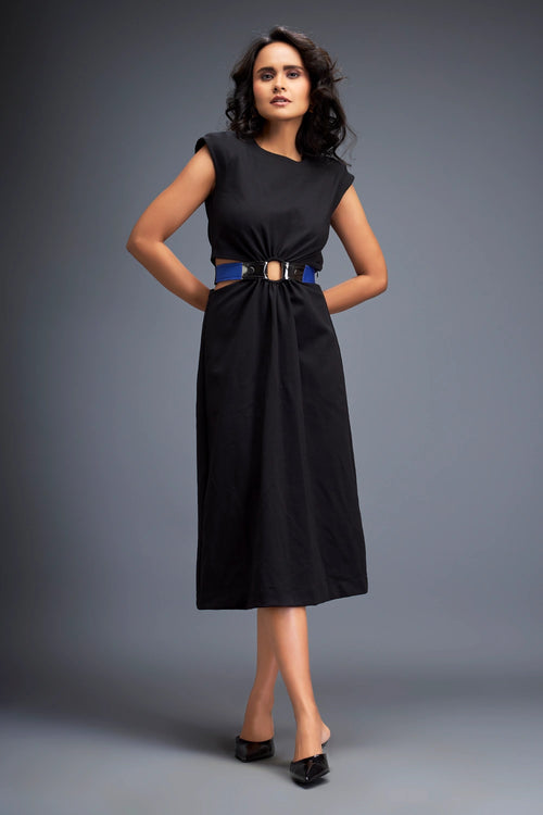 Black Gathered Waist Dress With Belt