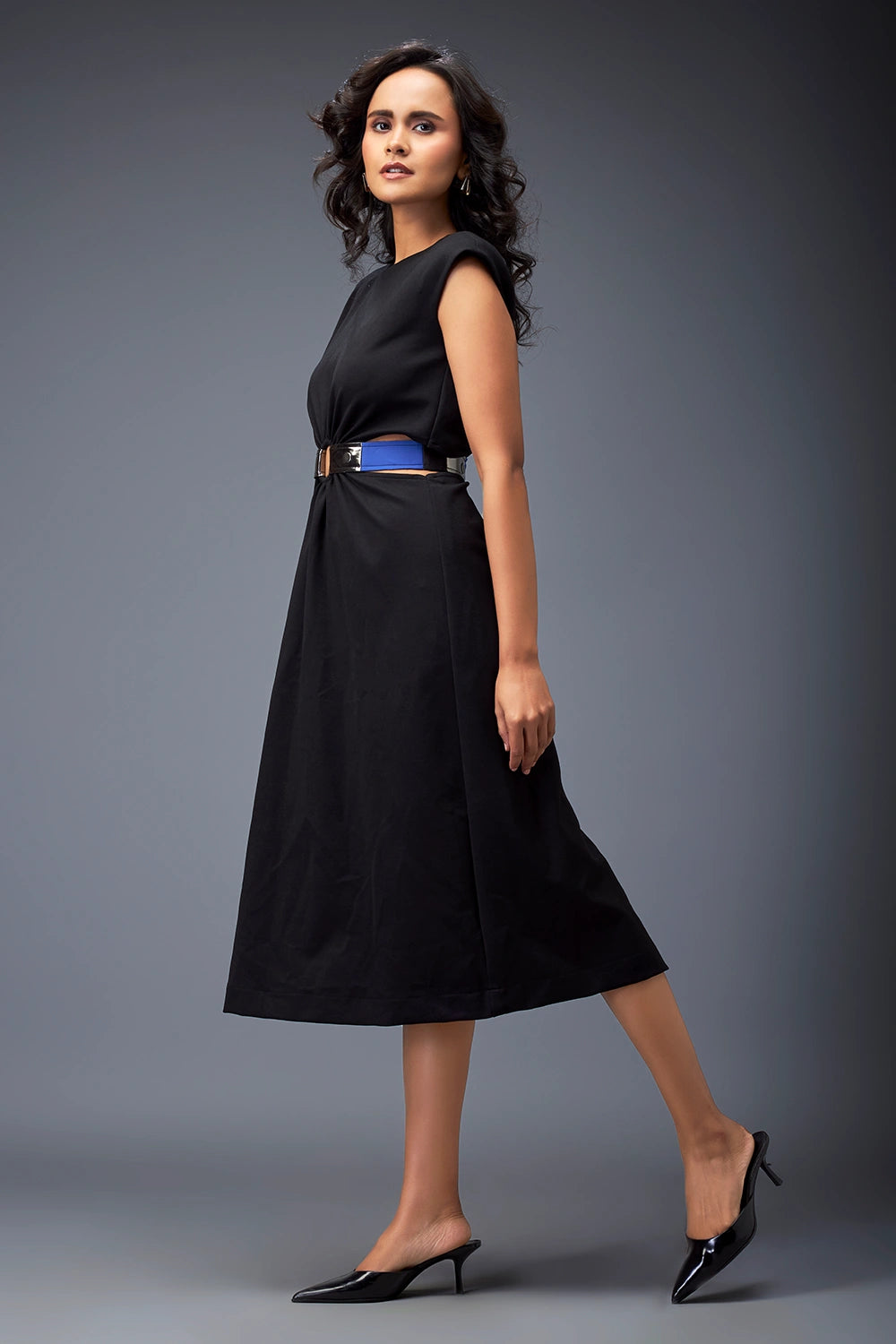 Black Gathered Waist Dress With Belt
