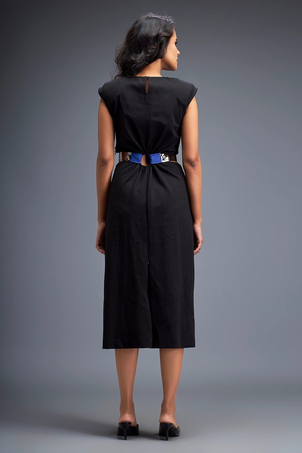 Black Gathered Waist Dress With Belt