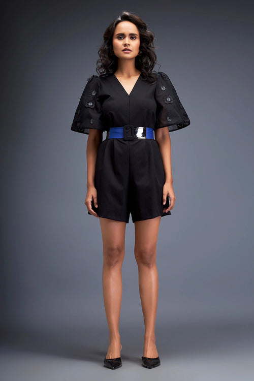 Black Playsuit Voluminous Sleeves And Belt