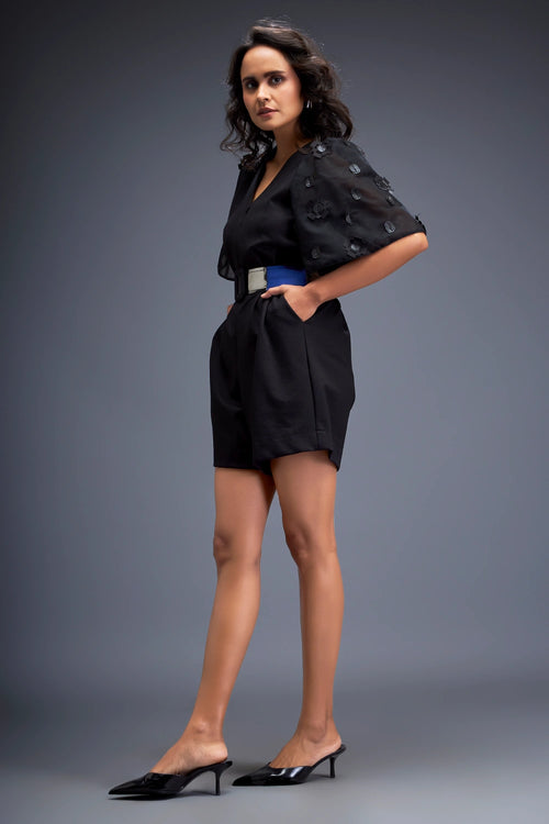 Black Playsuit Voluminous Sleeves And Belt
