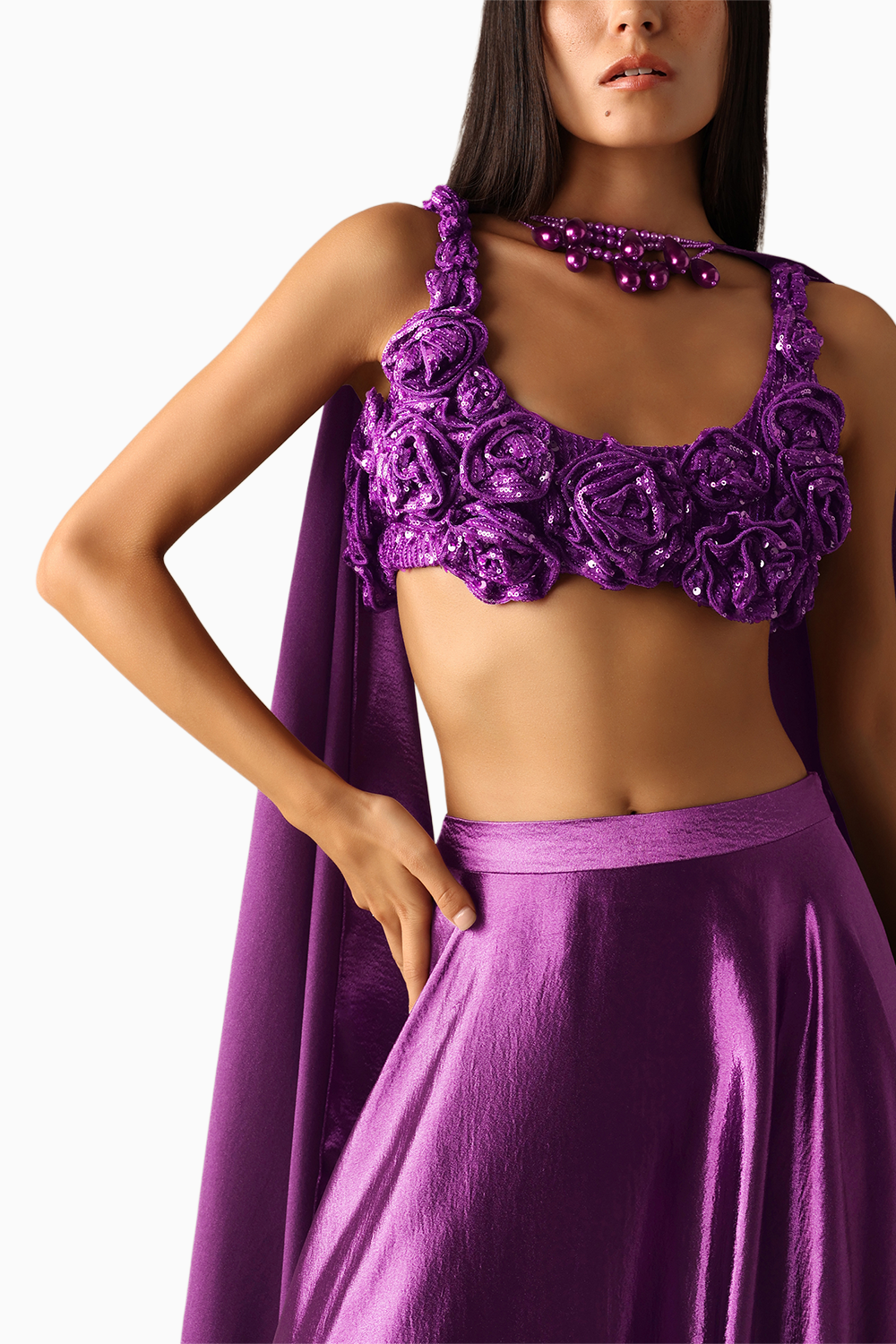 Purple Florence 3D Floral Blouse with Skirt and Dupatta