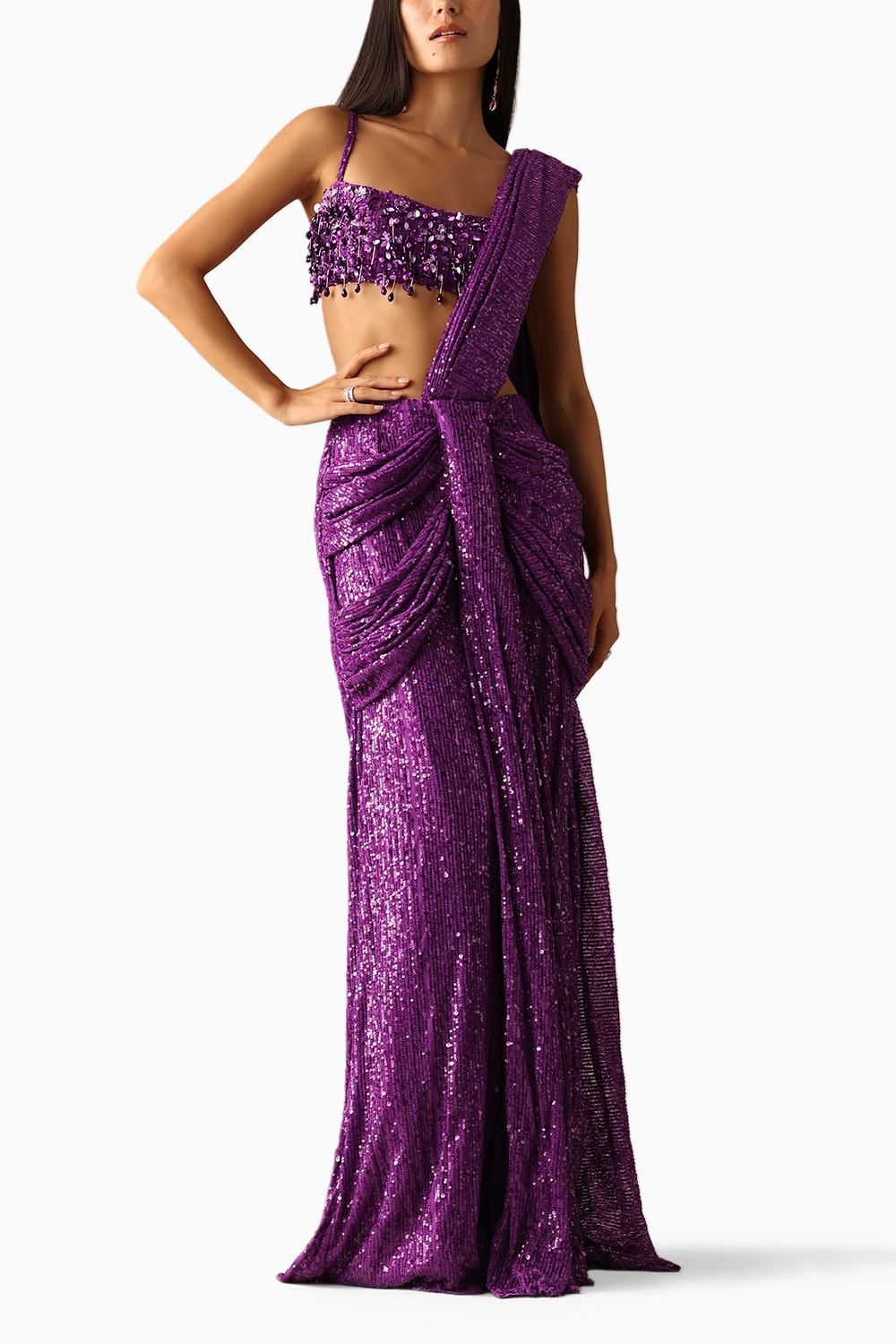Purple Bertha Embroidered Blouse with Sari