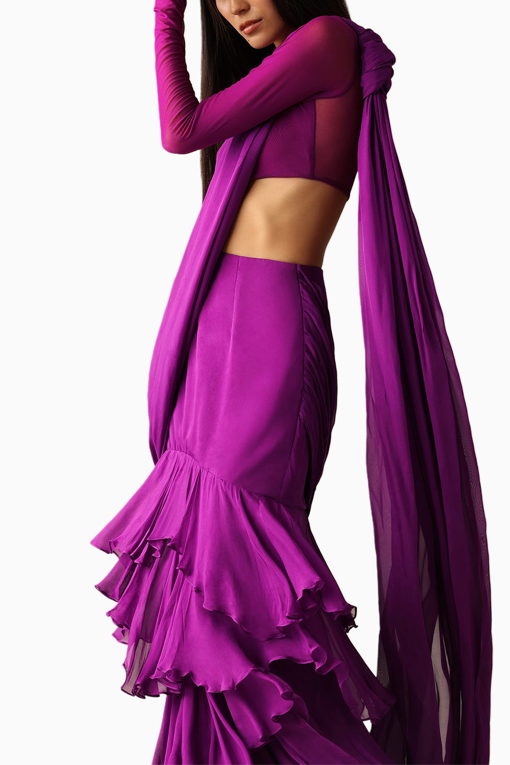 Purple Carey Ruffle Sari with Turtle Neck Blouse