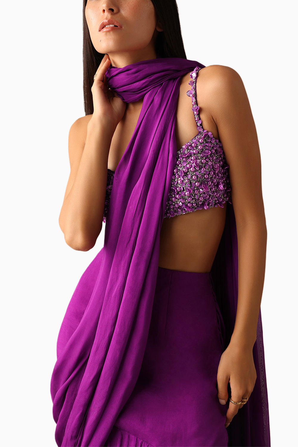 Purple Darla Ruffle Saree with Embroidered Blouse