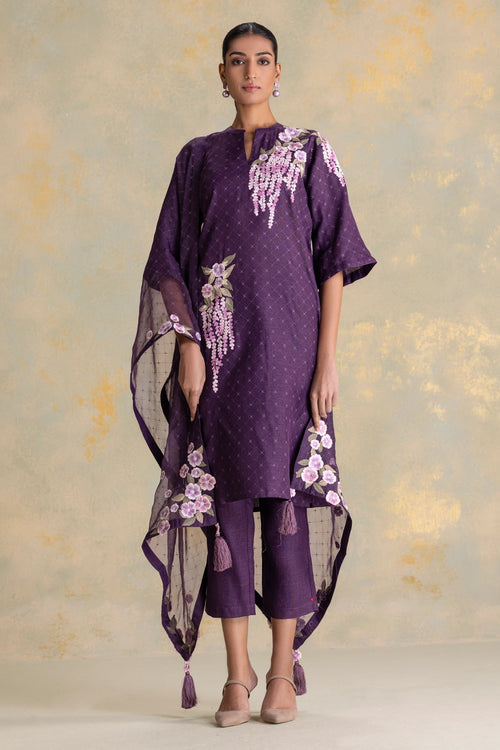 Delfina Aubergine Kurta, Pant And Dupatta Set
