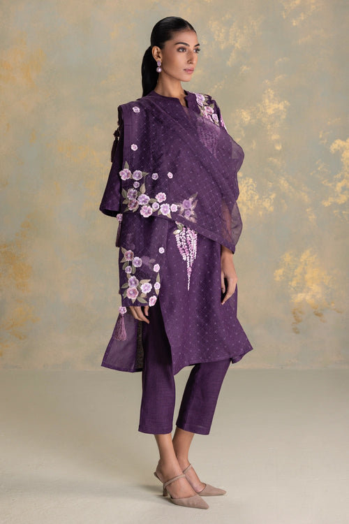 Delfina Aubergine Kurta, Pant And Dupatta Set