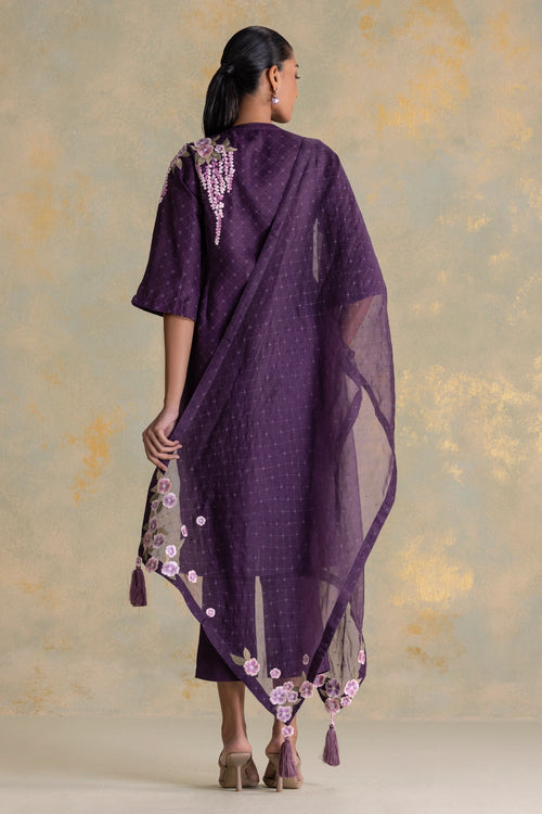 Delfina Aubergine Kurta, Pant And Dupatta Set