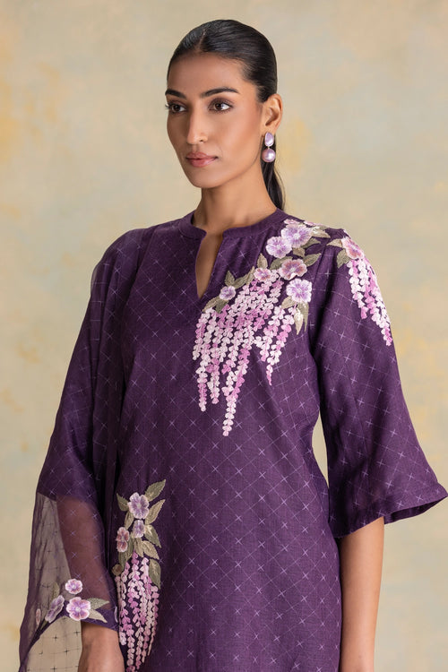 Delfina Aubergine Kurta, Pant And Dupatta Set