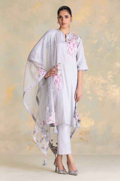 Delfina Smoke Kurta, Pant And Dupatta Set
