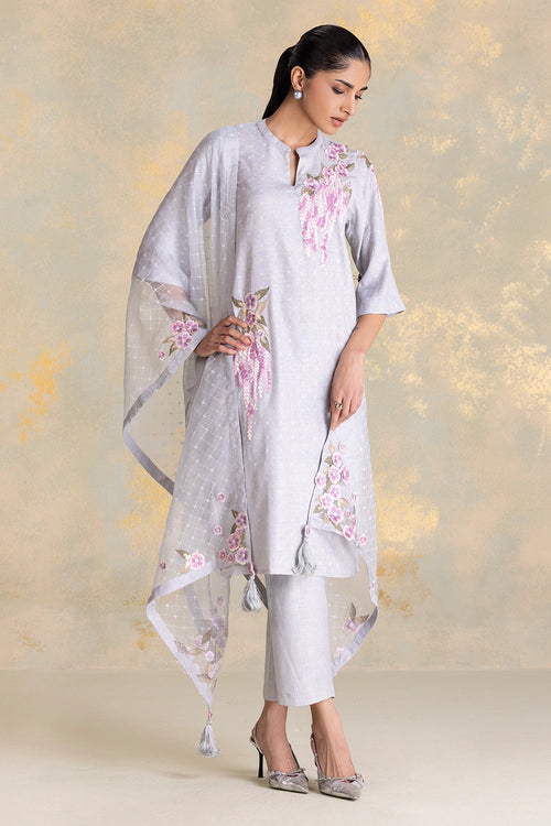 Delfina Smoke Kurta, Pant And Dupatta Set