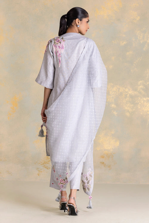 Delfina Smoke Kurta, Pant And Dupatta Set