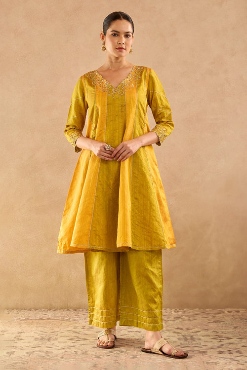 Olive Yellow Zari Embroidered Anarkali Set