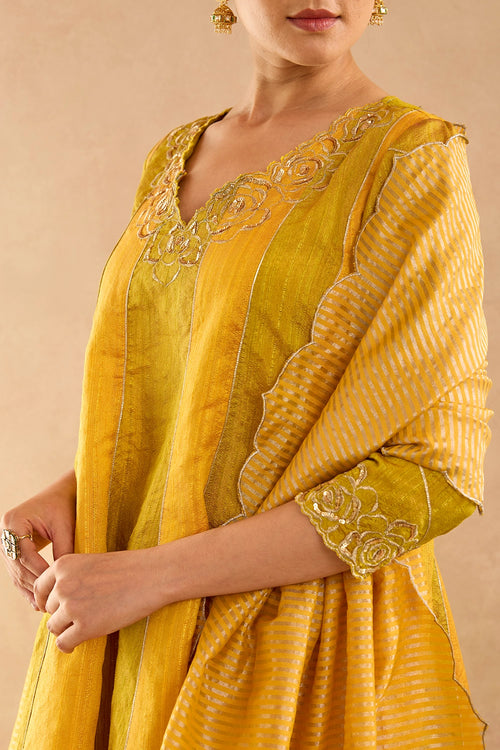 Olive Yellow Zari Chanderi Stripe Dupatta