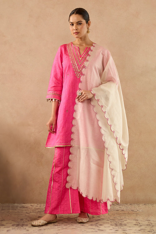 Rani Pink Scallop Chanderi Stripe Dupatta