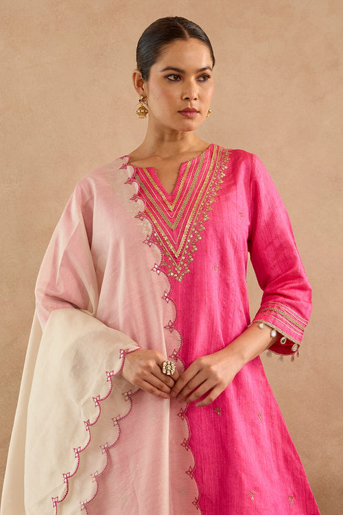 Rani Pink Scallop Chanderi Stripe Dupatta