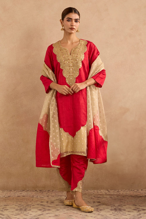 Red Gold Embroidered Crush Dobby Dupatta