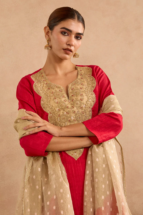 Red Dori Yoke Embroidered Kurta Set