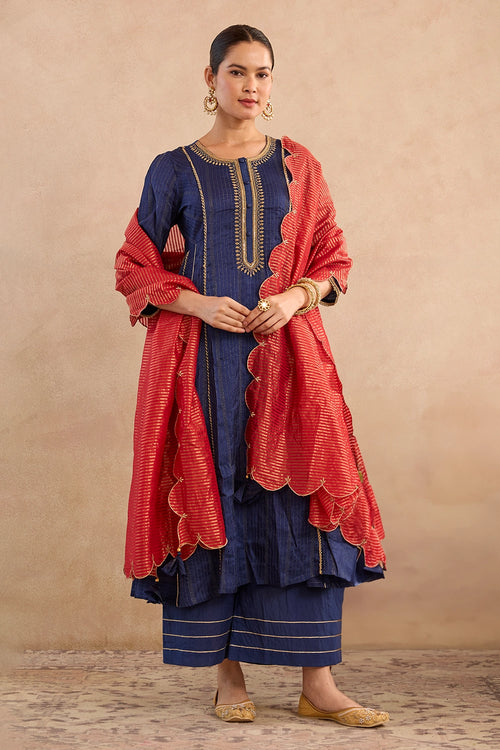 Navy Lotus Scallop Chanderi Stripe Dupatta