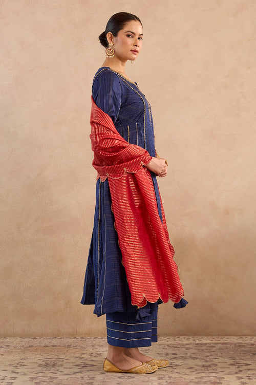 Navy Lotus Scallop Chanderi Stripe Dupatta
