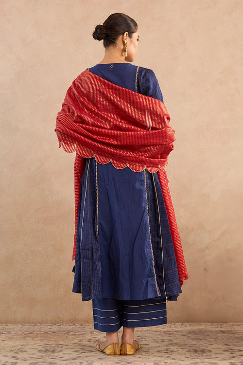 Navy Lotus Scallop Chanderi Stripe Dupatta