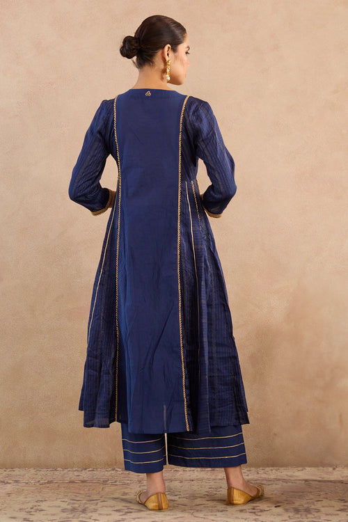Navy Lotus Silk Chanderi Anarkali Set