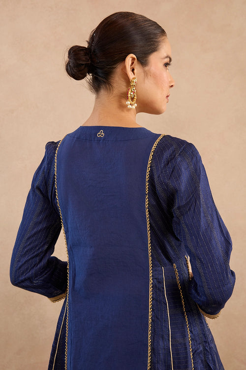 Navy Lotus Silk Chanderi Anarkali Set