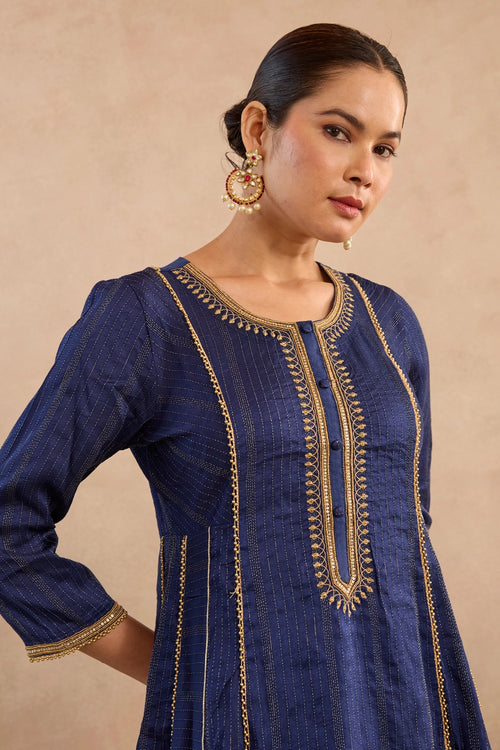 Navy Lotus Silk Chanderi Anarkali Set