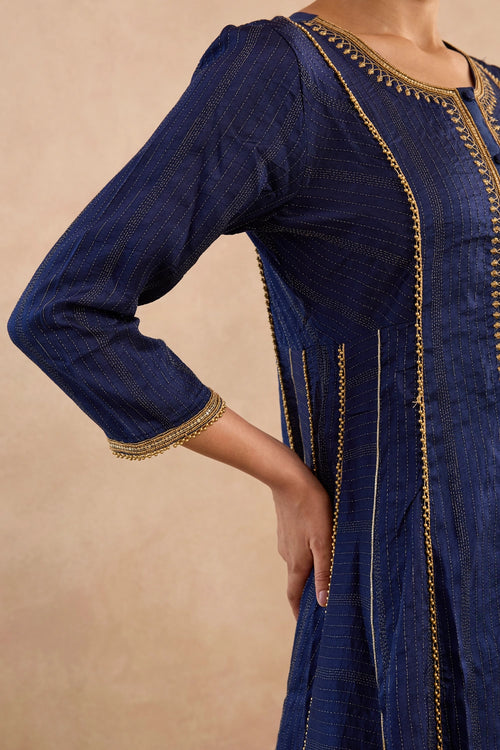 Navy Lotus Silk Chanderi Anarkali Set