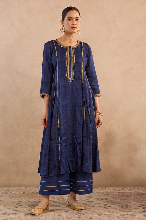 Navy Lotus Silk Chanderi Anarkali Set