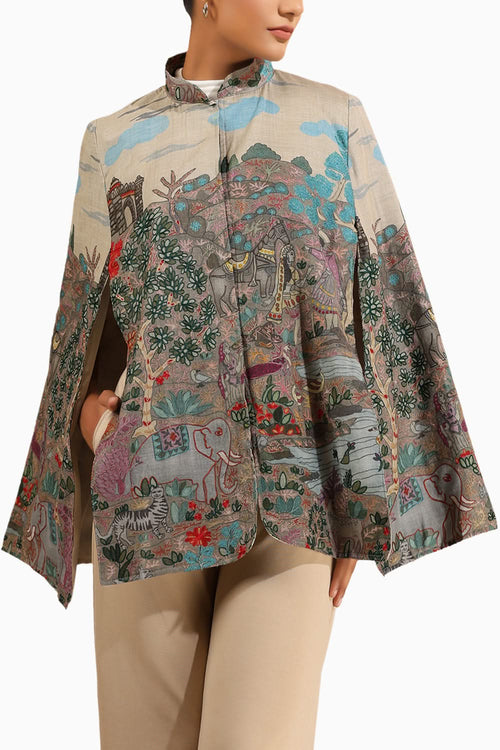 Roxane Fine Wool Silk Kalamkari Cape