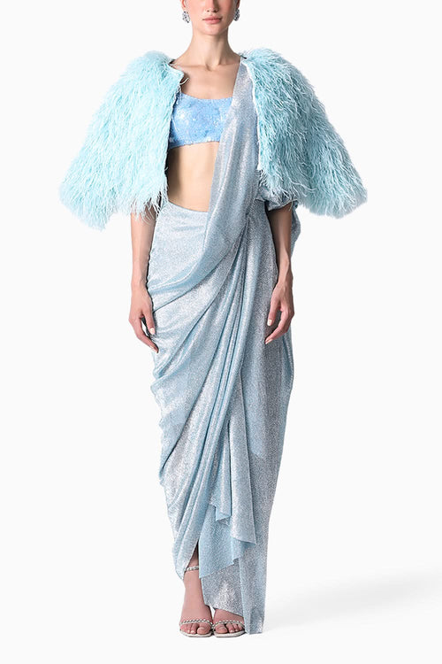 RiRi Blouse with Feather Jacket and Galaxy Sari
