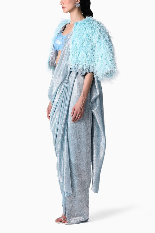 RiRi Blouse with Feather Jacket and Galaxy Sari