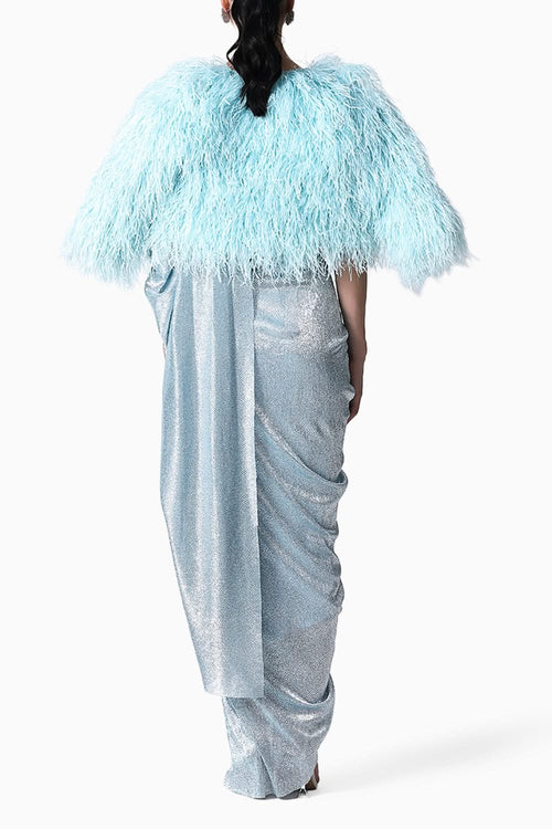 RiRi Blouse with Feather Jacket and Galaxy Sari
