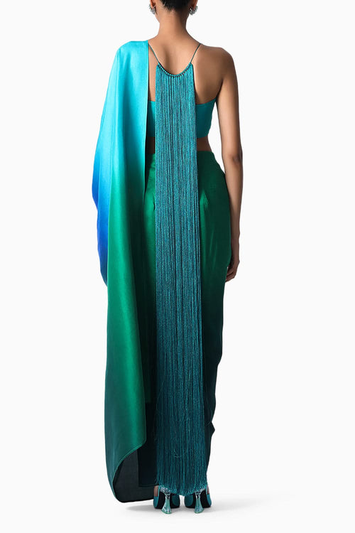Fringe Pallu Blouse with Ombre Masai Godet Sari