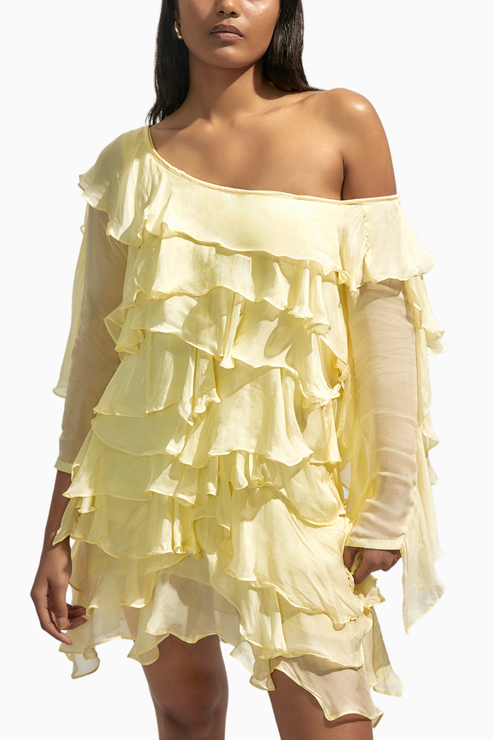 Butter Yellow Asymmetrical Ruffle Dress