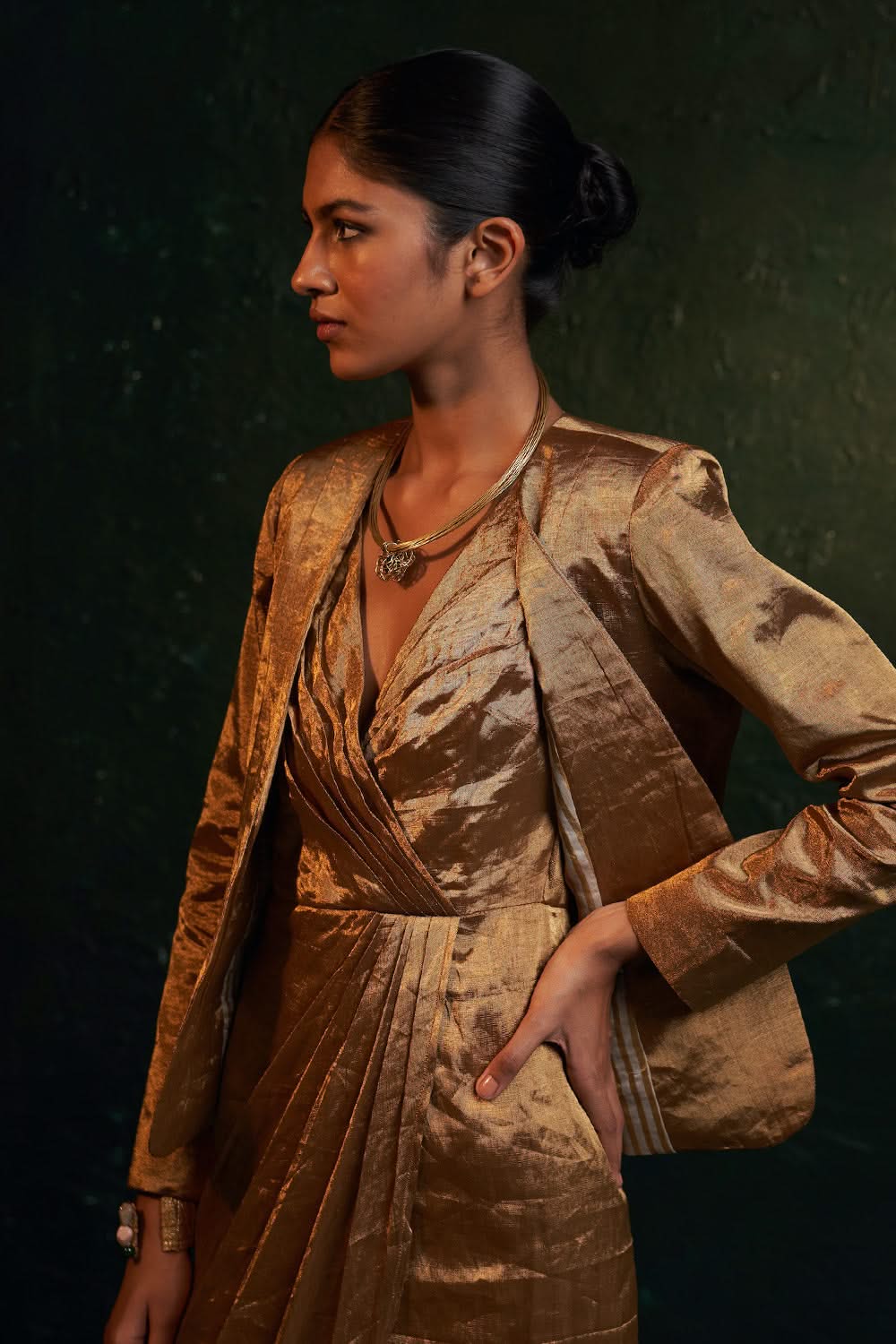 golden tissue dress Bronze . antique gold goddess dress in distressed metallic tissue fabric . @riavohra @prateekswadesh @makeupbyrekhadas @nishantvsht . #goldgown #redcarpetlooks #cocktailoutfit #weddingdress