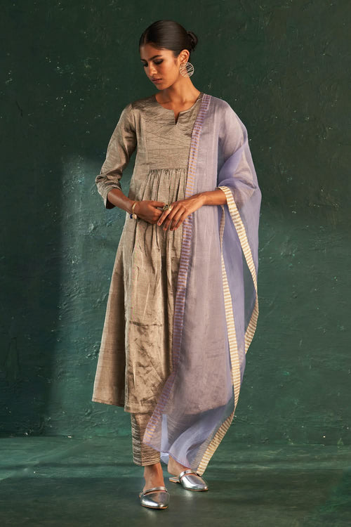 Silk Tissue Silver Kurta Set